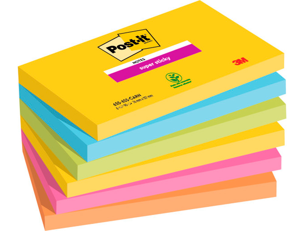 BLOC DE NOTAS ADHESIVAS QUITA Y PON POST IT SUPER STICKY CARNIVAL 100% PEFC 76X127 MM PACK DE 6 BLOCS COLORES