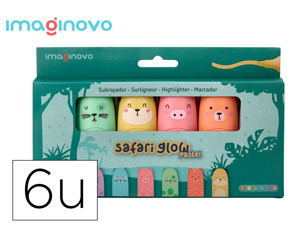 ROTULADOR IMAGINOVO FLUORESCENTE SAFARI GLOW PASTEL ANIMALES CAJA 6 UNIDADES SURTIDAS