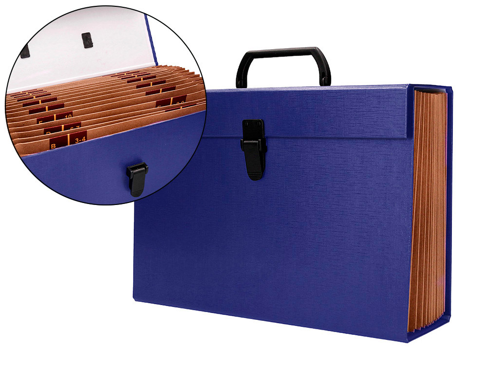 MALETIN LIDERPAPEL CON FUELLE Y ASA CARTON FORRADO 19 DEPARTAMENTOS 255X390X120 MM COLOR AZUL
