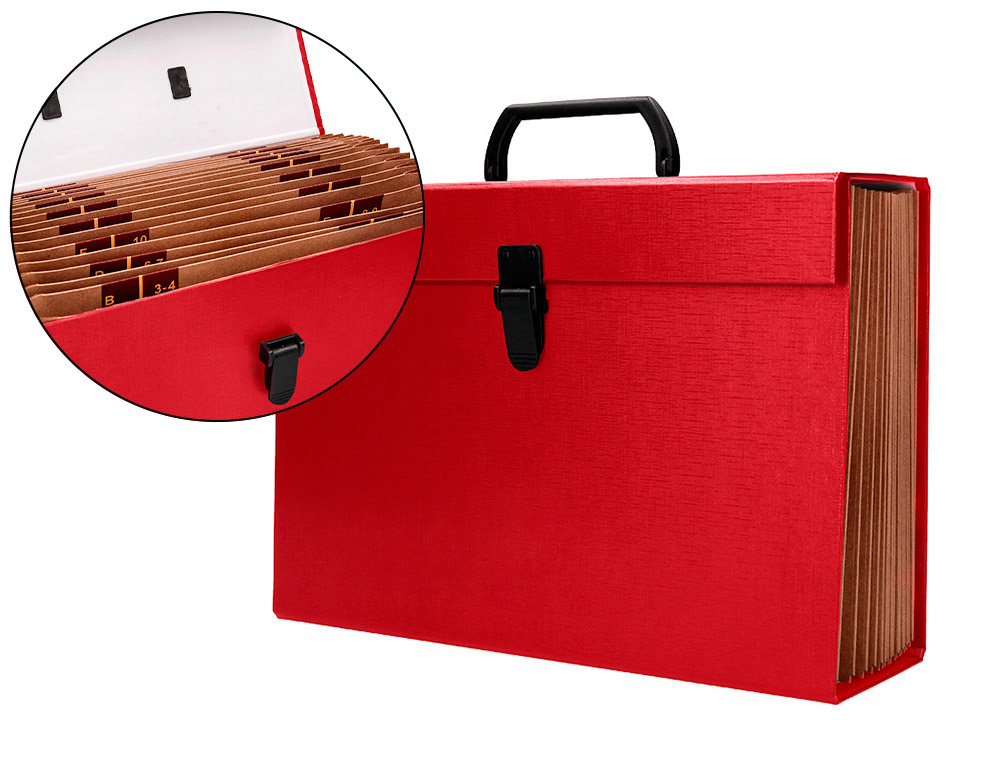 MALETIN LIDERPAPEL CON FUELLE Y ASA CARTON FORRADO 19 DEPARTAMENTOS 255X390X120 MM COLOR ROJO