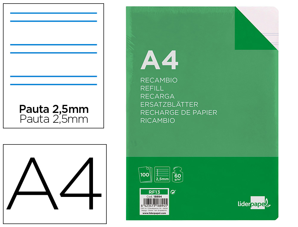RECAMBIO LIDERPAPEL FOLIO 100 HOJAS 60GR PAUTA 5 2.5MM CON MARGEN 16 TALADROS