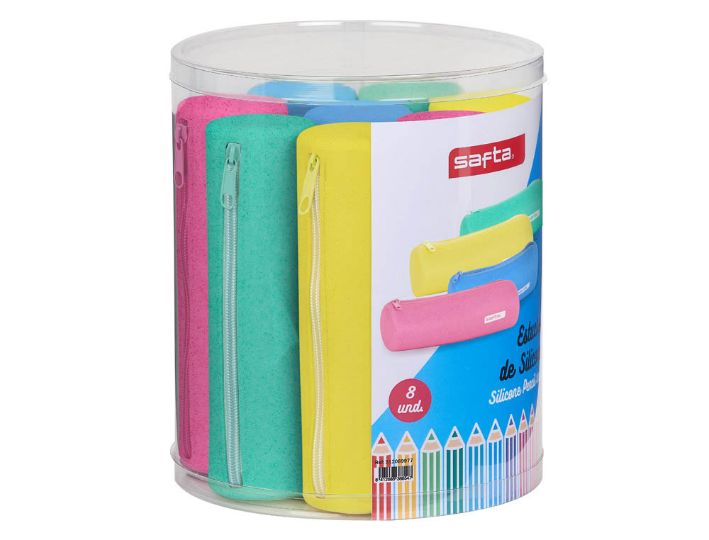 BOLSO ESCOLAR SAFTA PORTATODO REDONDO SILICONA GLITTER SET DE 8 UNIDADES SURTIDAS 195X230 MM