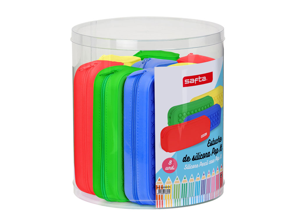 BOLSO ESCOLAR SAFTA PORTATODO CUADRADO SILICONA POP IT EXPOSITOR DE 8 UNIDADES 270X230 MM