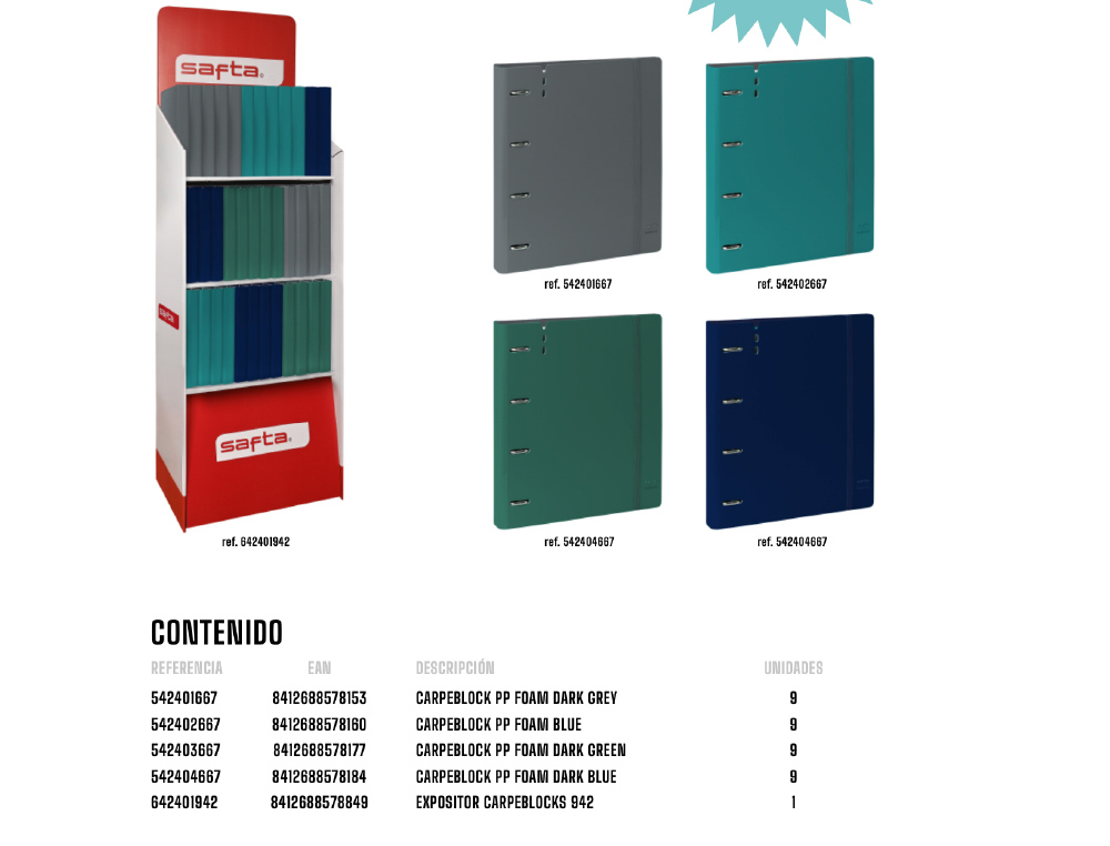 CARPETA CON RECAMBIO SAFTA DIN A4 CUADRO 5 MM POLIPROPILENO FOAM 4 ANILLAS 35MM EXPOSITOR DE 36 UNIDADES