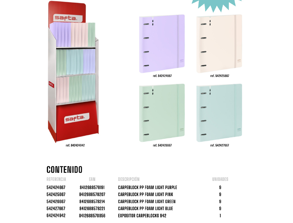 CARPETA CON RECAMBIO SAFTA DIN A4 CUADRO 5 MM POLIPROPILENO FOAM 4 ANILLAS 35MM EXPOSITOR DE 36 UNIDADES