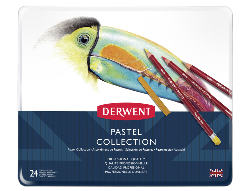 BARRA ACUARELABLE DERWENT PASTEL + 14 LAPICES COLORES PASTEL CAJA METALICA DE 24 UNIDADES SURTIDAS