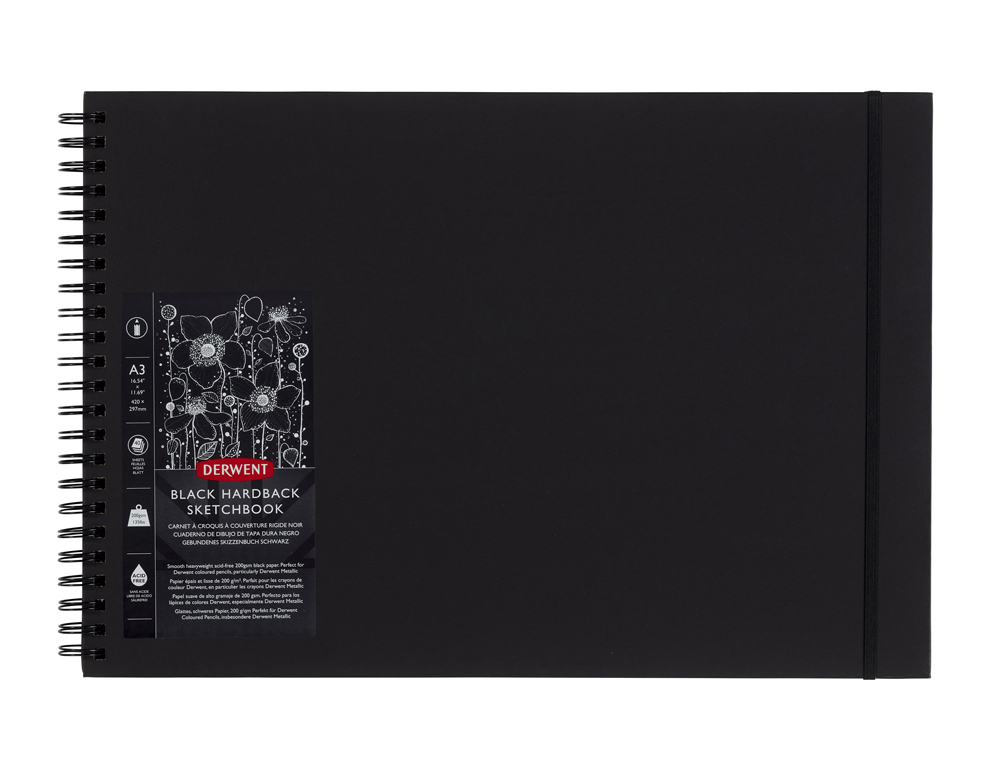 BLOC DE DIBUJO DERWENT DIN A3 APAISADO 40 HOJAS PAPEL NEGRO 200 GR