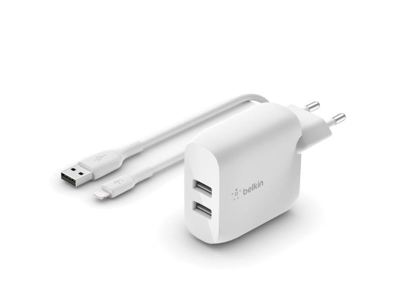CARGADORES DE BATERIA BELKIN DUAL USB-A CHARGER 1M A-LTG 24W BLANCO