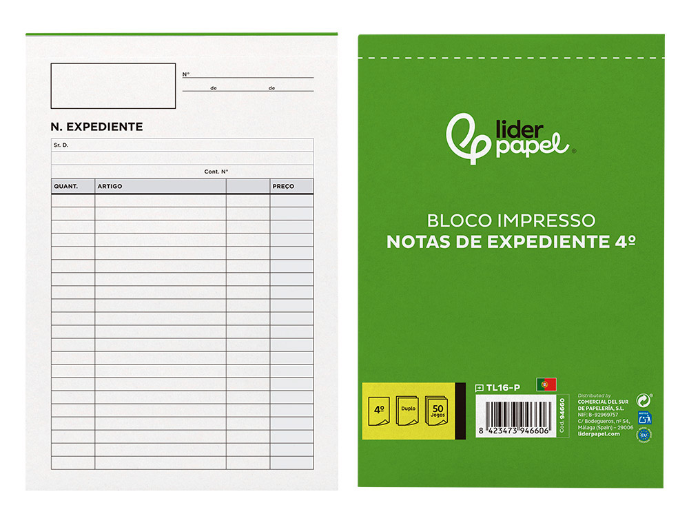 TALONARIO LIDERPAPEL NOTAS DE EXPEDIENTE CUARTO DUPLO TEXTO EN PORTUGUES