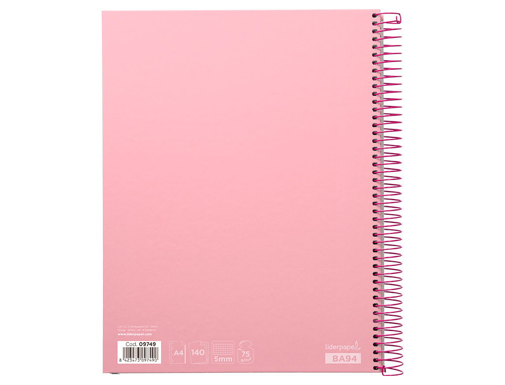 CUADERNO ESPIRAL LIDERPAPEL A4 MICRO JOLLY TAPA FORRADA 140H 75GR CUADRO 5MM 5 BANDAS 4 TALADROS COLOR ROSA
