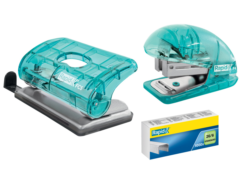 GRAPADORA RAPID MINI BABY RAY COLOUR ICE F4 CAPACIDAD 10 HOJAS USA GRAPAS 24/6 Y 26/6 COLOR VERDE EN BLISTER
