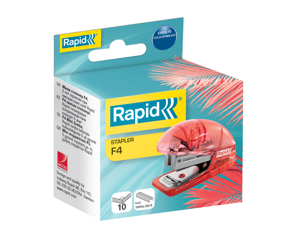 GRAPADORA RAPID MINI BABY RAY COLOUR ICE F4 CAPACIDAD 10 HOJAS USA GRAPAS 24/6 Y 26/6 COLOR VERDE EN BLISTER