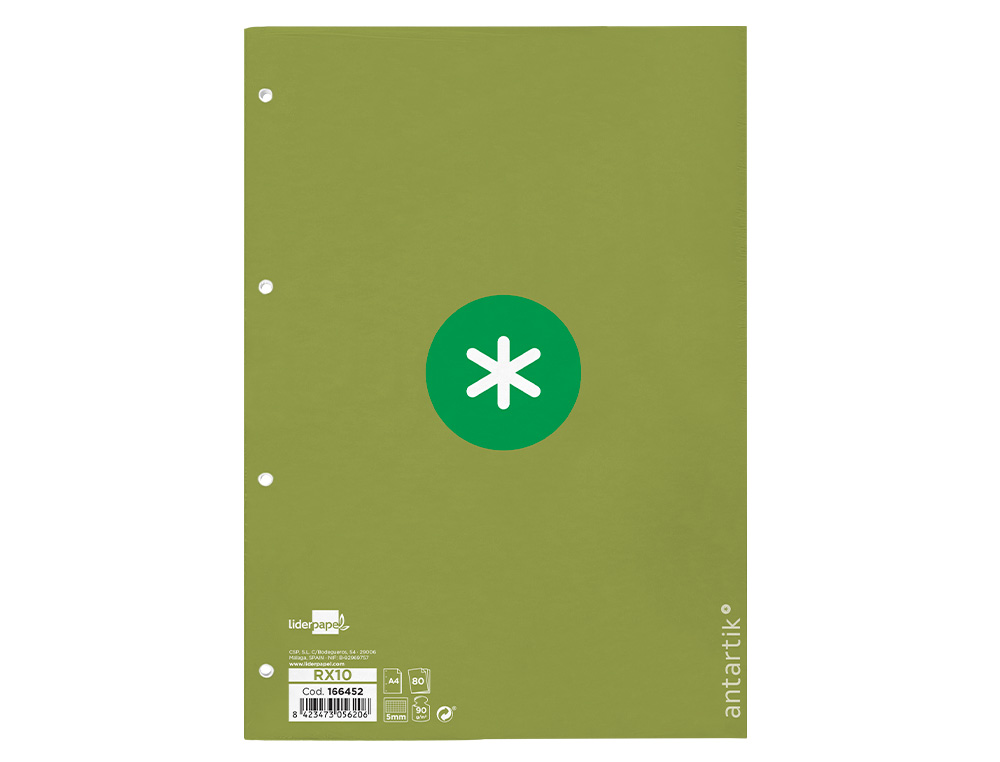 RECAMBIO ANTARTIK A4 80 HOJAS 90GR CUADRO 5MM 4 TALADROS 1 BANDA CON MARCO COLOR VERDE