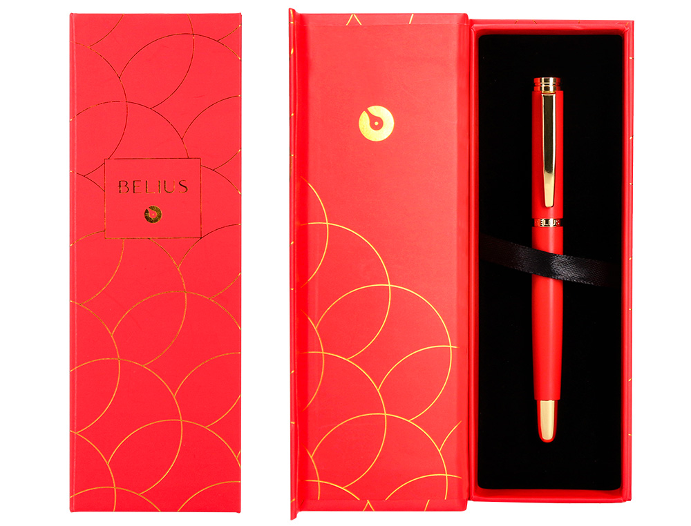 BOLIGRAFO BELIUS PASSION DOR ALUMINIO TEXTURA CEPILLADA COLOR ROJO Y DORADO TINTA AZUL CAJA DE DISEÑO