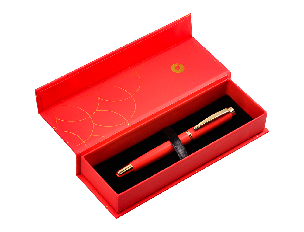 BOLIGRAFO BELIUS PASSION DOR ALUMINIO TEXTURA CEPILLADA COLOR ROJO Y DORADO TINTA AZUL CAJA DE DISEÑO