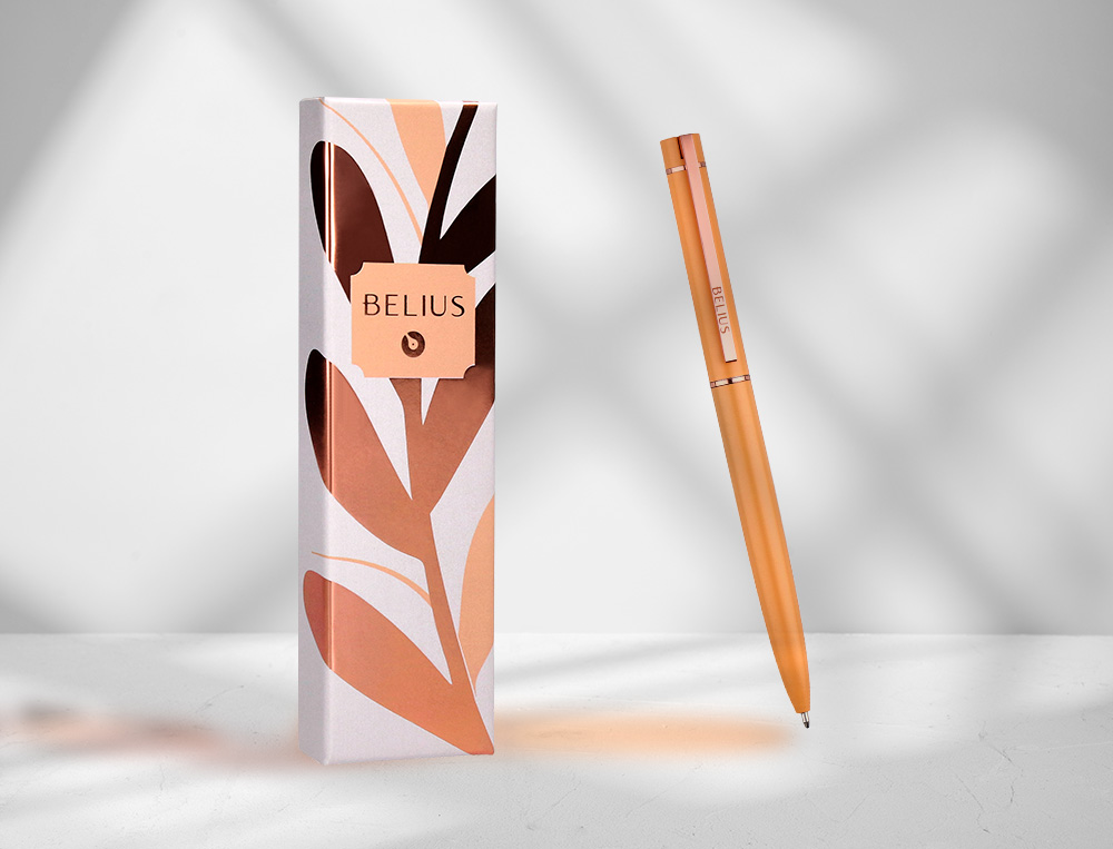 BOLIGRAFO BELIUS ROSE ALUMINIO COLOR NARANJA/ORO ROSA TINTA AZUL CAJA DE DISEO