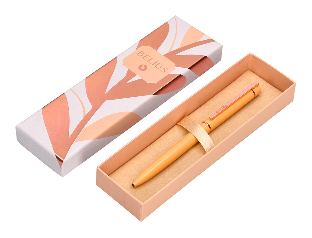 BOLIGRAFO BELIUS ROSE ALUMINIO COLOR NARANJA/ORO ROSA TINTA AZUL CAJA DE DISEO