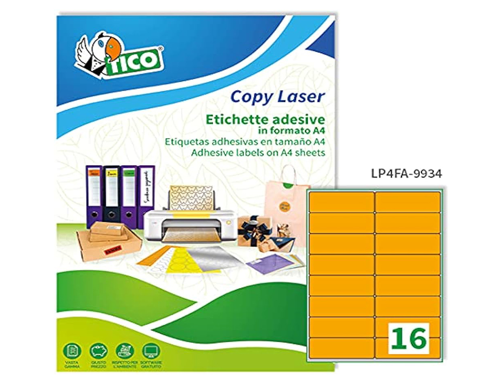 ETIQUETA ADHESIVA TICO NARANJA FLUORESCENTES PERMANENTE FSCLASER/INKJET/FOTOCOPIA 99,1X34MM CAJA DE 1120 UNIDADES