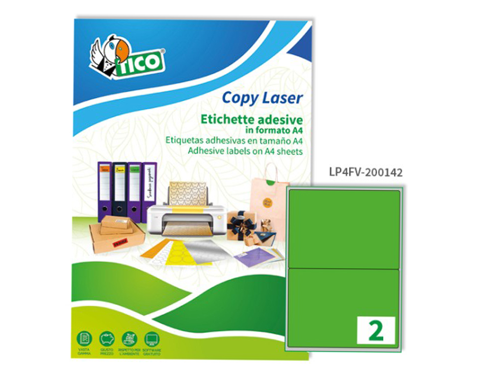 ETIQUETA ADHESIVA TICO VERDE F LUORESCENTES PERMANENTE FSC LASER/INKJET/FOTOCOPIA 200X142 MMCAJA DE 140 UNIDADES
