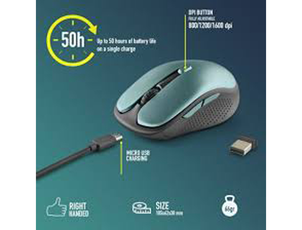 RATON NGS EVO RUST OPTICO 800/1200/1600 DPI INALAMBRICO 5 BOTONES TECLAS SILENCIOSAS RECEPTOR USB 2,4 GHZ VERDE