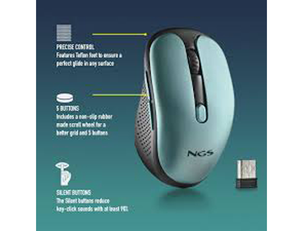 RATON NGS EVO RUST OPTICO 800/1200/1600 DPI INALAMBRICO 5 BOTONES TECLAS SILENCIOSAS RECEPTOR USB 2,4 GHZ VERDE