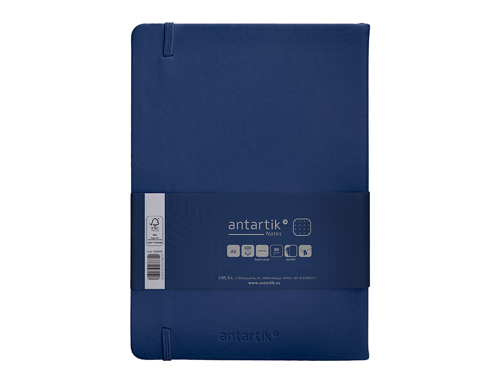 CUADERNO CON GOMILLA ANTARTIK NOTES TAPA DURA A5 HOJAS PUNTOS AZUL MARINO 100 HOJAS 80 GR FSC