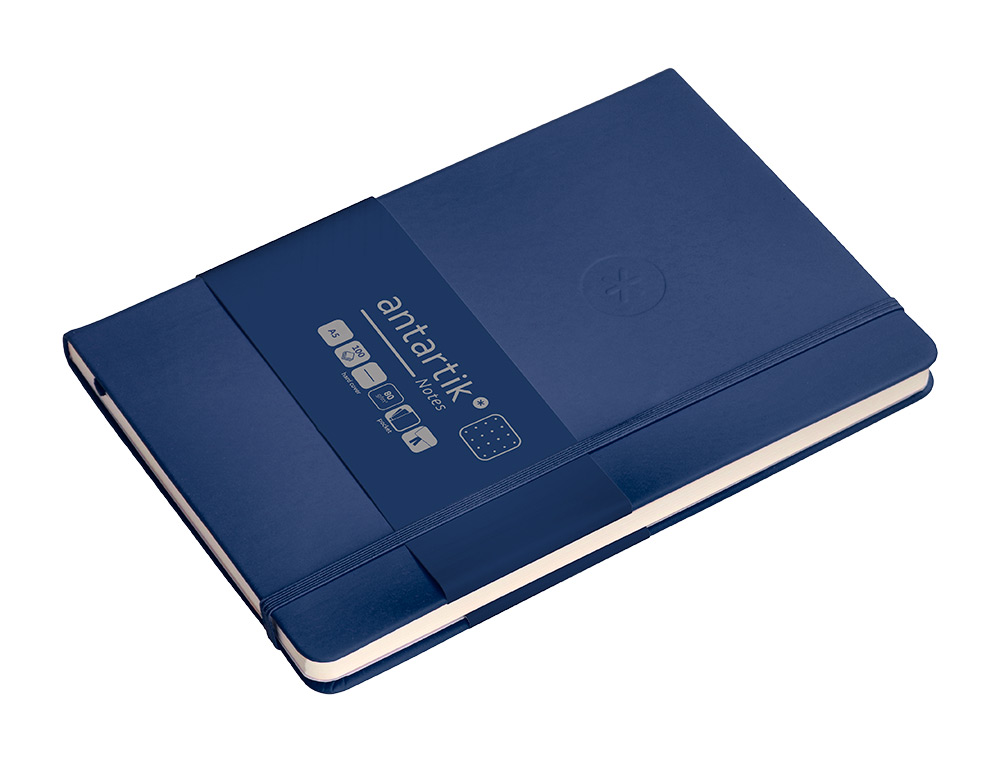 CUADERNO CON GOMILLA ANTARTIK NOTES TAPA DURA A5 HOJAS PUNTOS AZUL MARINO 100 HOJAS 80 GR FSC