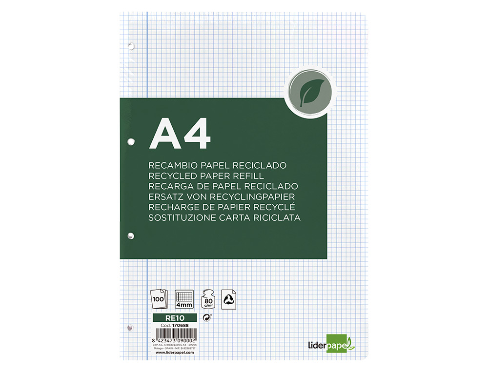 RECAMBIO LIDERPAPEL A4 100 HOJAS PAPEL RECICLADO 100% 80GR CUADRO 4MM CON MARGEN 4 TALADROS