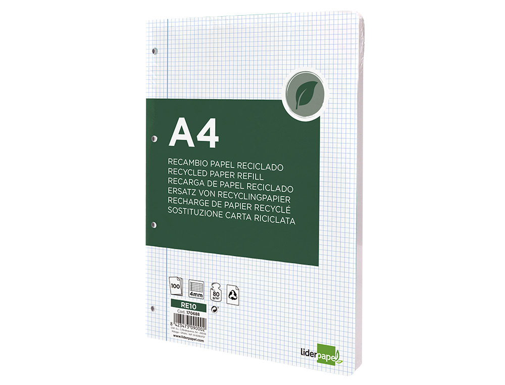 RECAMBIO LIDERPAPEL A4 100 HOJAS PAPEL RECICLADO 100% 80GR CUADRO 4MM CON MARGEN 4 TALADROS