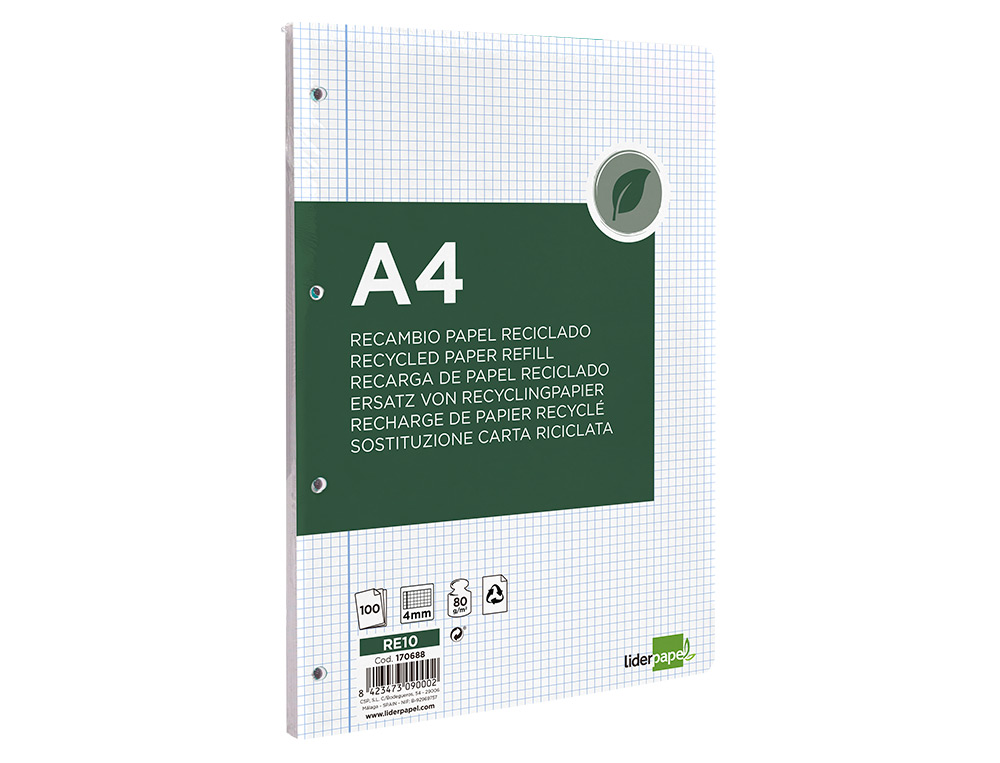 RECAMBIO LIDERPAPEL A4 100 HOJAS PAPEL RECICLADO 100% 80GR CUADRO 4MM CON MARGEN 4 TALADROS