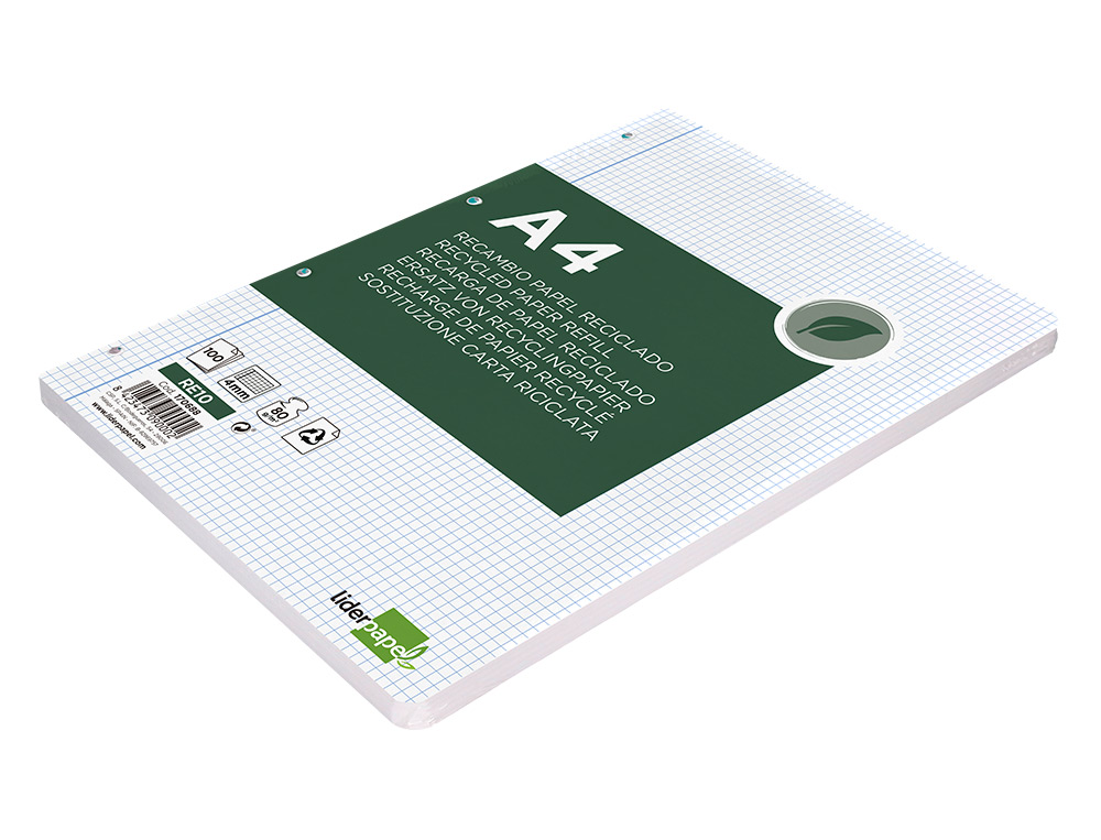 RECAMBIO LIDERPAPEL A4 100 HOJAS PAPEL RECICLADO 100% 80GR CUADRO 4MM CON MARGEN 4 TALADROS