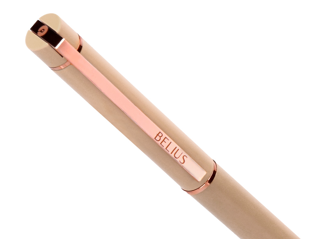 BOLIGRAFO BELIUS ROSE ALUMINIO COLOR BEIGE CLARO ORO ROSA TINTA AZUL CAJA DE DISEO