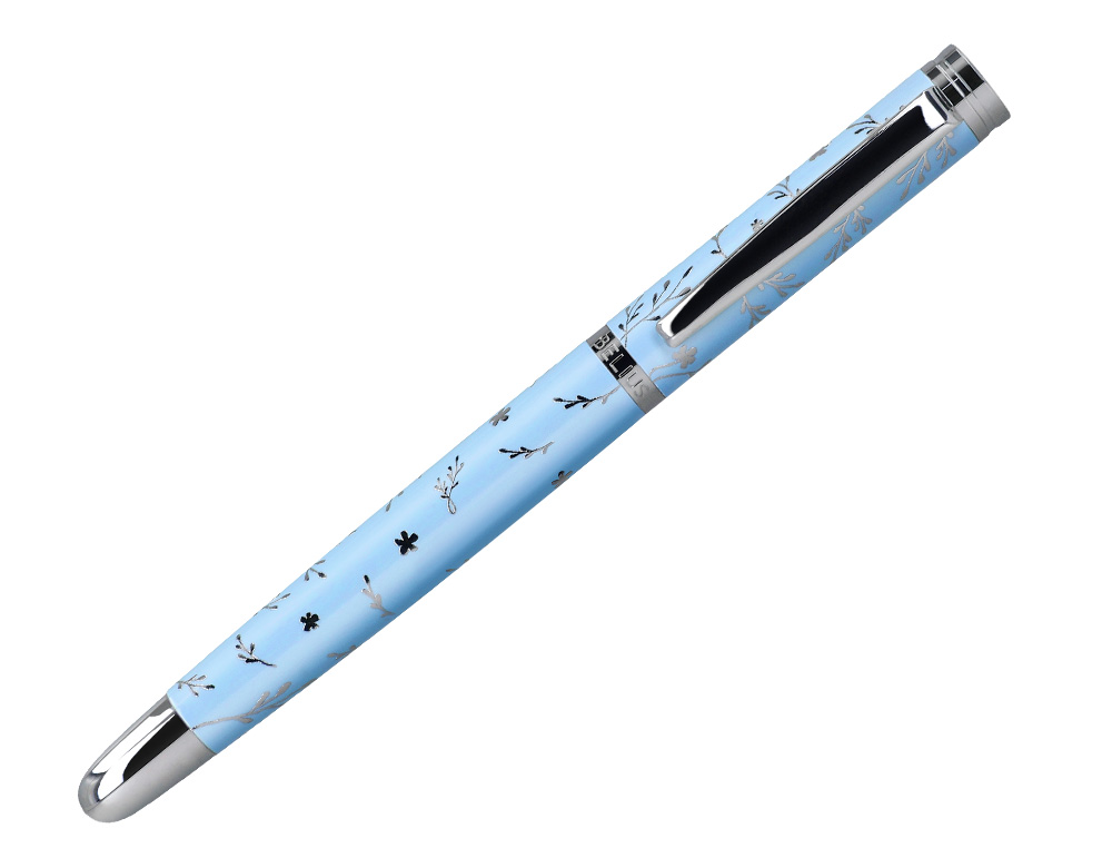ROLLER BELIUS BELLA ALUMINIO COLOR AZUL CELESTE DISEO PLATEADO RELIEVE TINTA COLOR NEGRO CAJA DE DISEO