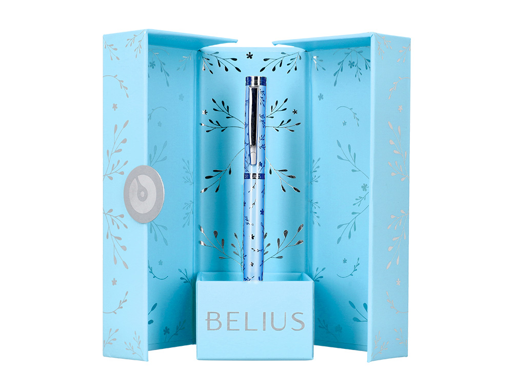 ROLLER BELIUS BELLA ALUMINIO COLOR AZUL CELESTE DISEO PLATEADO RELIEVE TINTA COLOR NEGRO CAJA DE DISEO