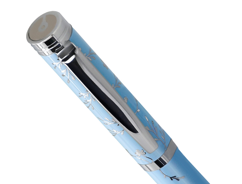 ROLLER BELIUS BELLA ALUMINIO COLOR AZUL CELESTE DISEO PLATEADO RELIEVE TINTA COLOR NEGRO CAJA DE DISEO