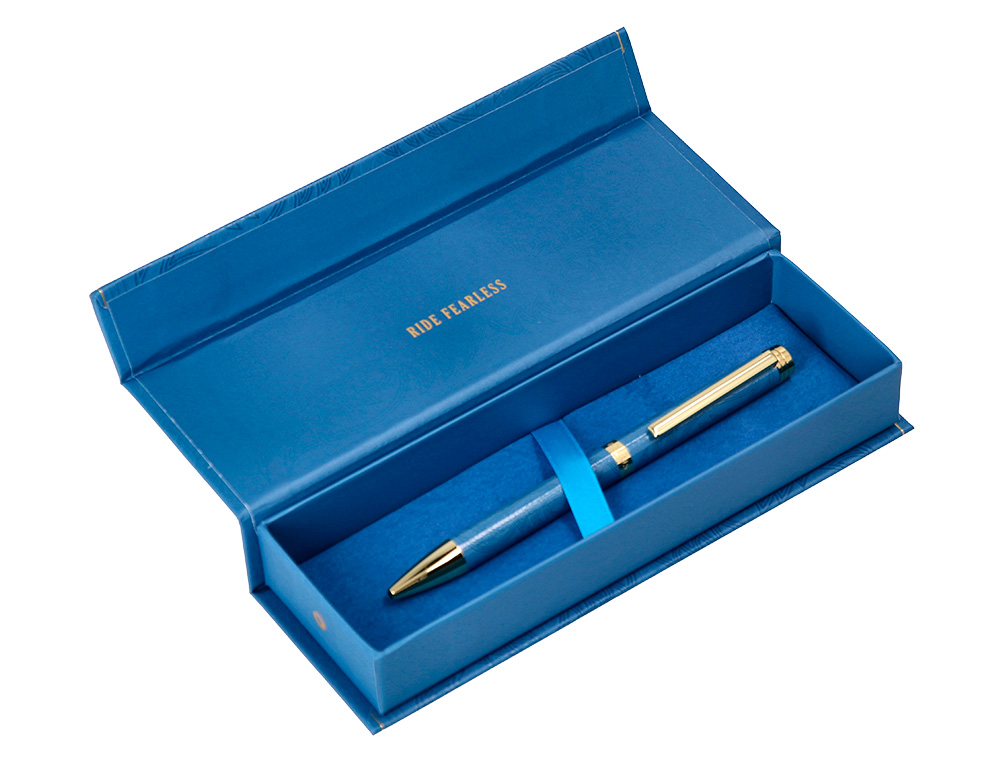 BOLIGRAFO BELIUS WILD WEST ALUMINIO COLOR AZUL MARINO DORADO TINTA COLOR AZUL CAJA DE DISEO