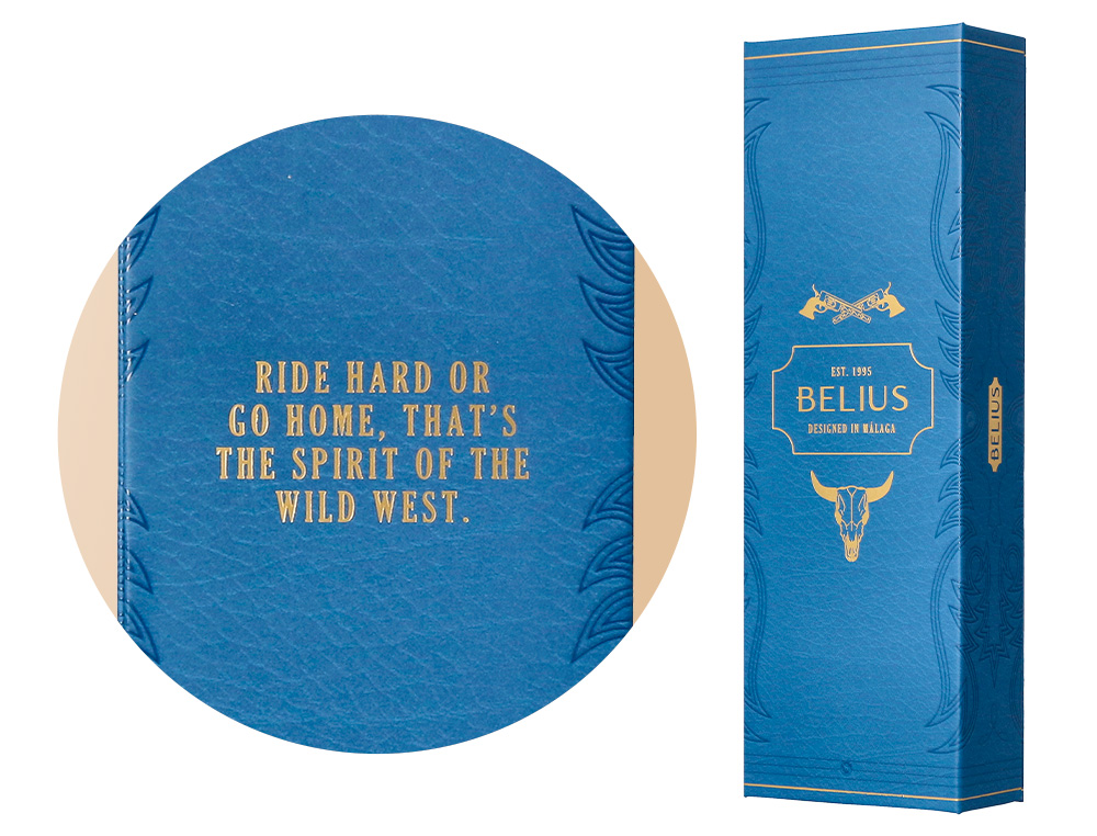 BOLIGRAFO BELIUS WILD WEST ALUMINIO COLOR AZUL MARINO DORADO TINTA COLOR AZUL CAJA DE DISEO