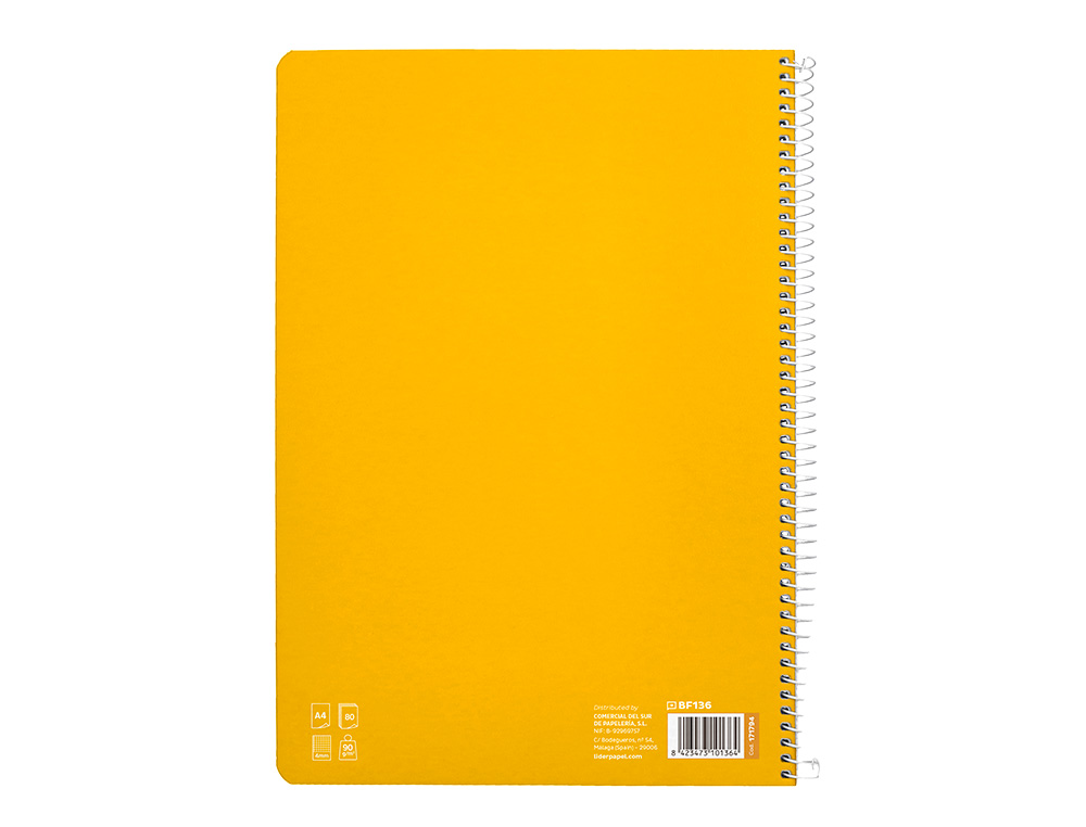 CUADERNO ESPIRAL LIDERPAPEL A4 PAUTAGUIA TAPA DURA 80H 90GR CUADRO PAUTADO 4MM COLOR AMARILLO