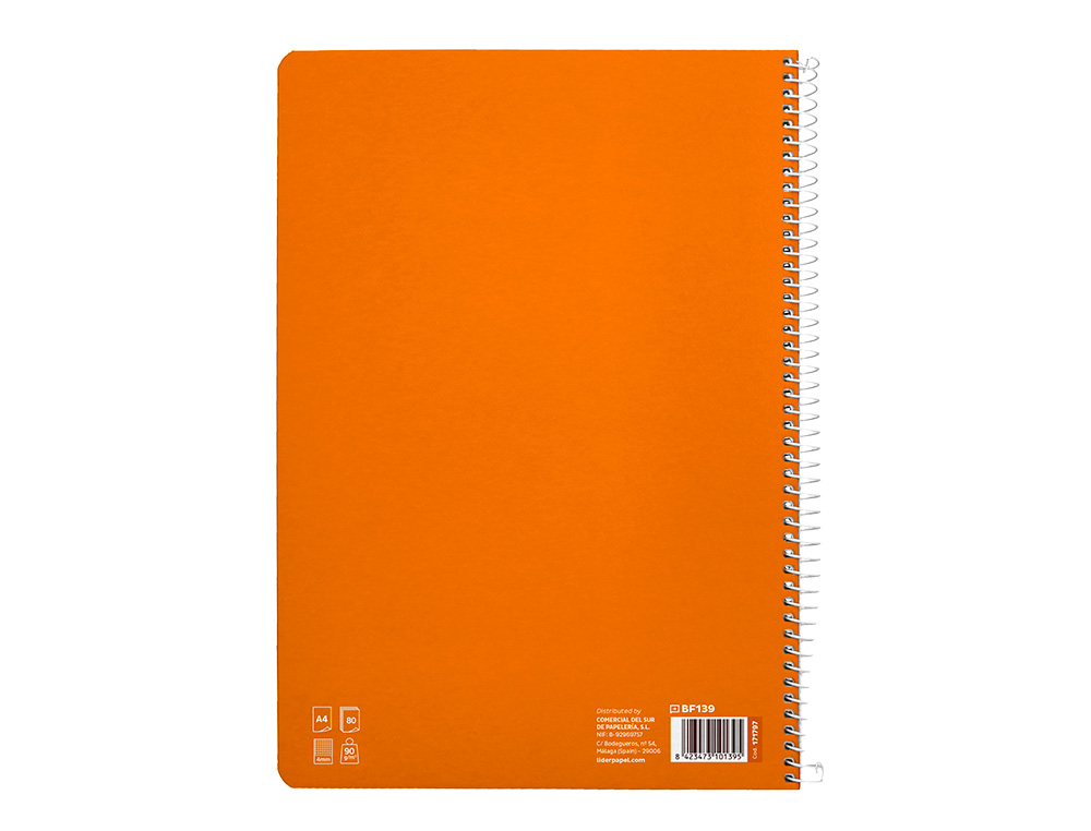 CUADERNO ESPIRAL LIDERPAPEL A4 PAUTAGUIA TAPA DURA 80H 90GR CUADRO PAUTADO 4MM COLOR NARANJA