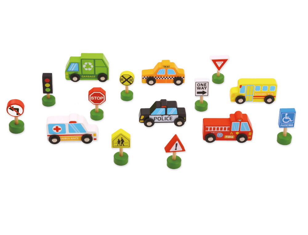 JUEGO INFANTIL IMAGINOVO MADERA VEHICULOS Y SEALES DE TRAFICO +3 AOS 16 PIEZAS 30X22X4CM