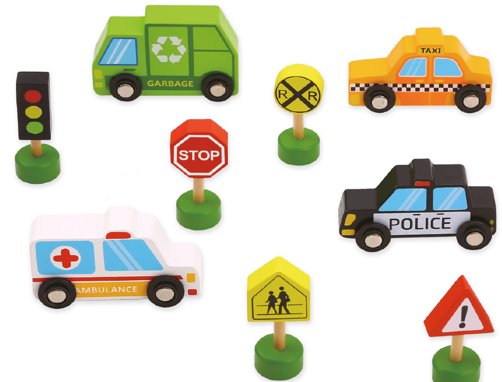 JUEGO INFANTIL IMAGINOVO MADERA VEHICULOS Y SEALES DE TRAFICO +3 AOS 16 PIEZAS 30X22X4CM