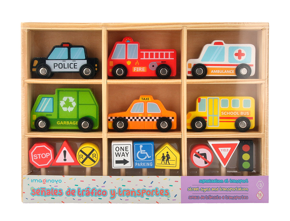 JUEGO INFANTIL IMAGINOVO MADERA VEHICULOS Y SEALES DE TRAFICO +3 AOS 16 PIEZAS 30X22X4CM