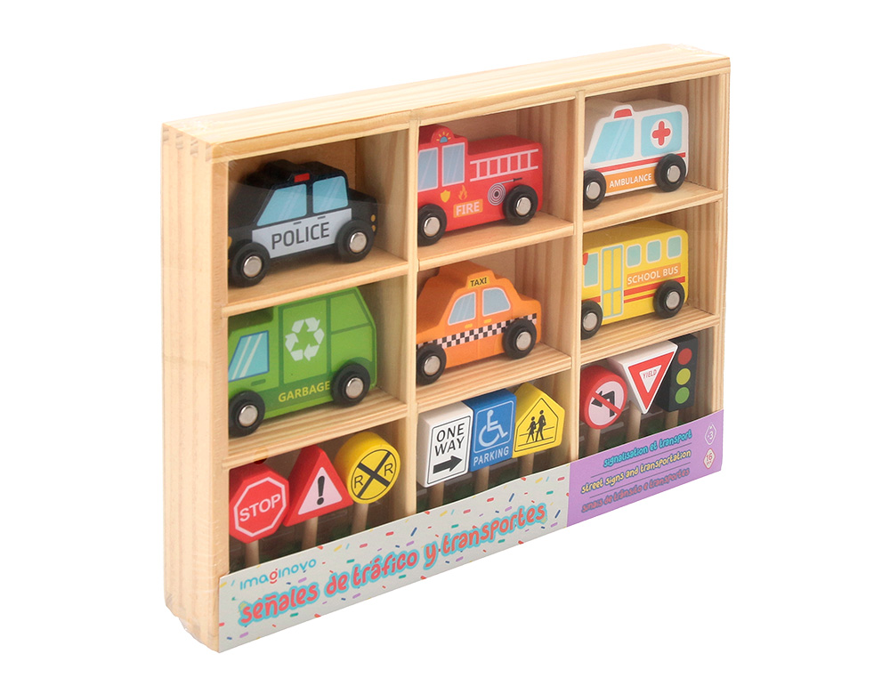 JUEGO INFANTIL IMAGINOVO MADERA VEHICULOS Y SEALES DE TRAFICO +3 AOS 16 PIEZAS 30X22X4CM