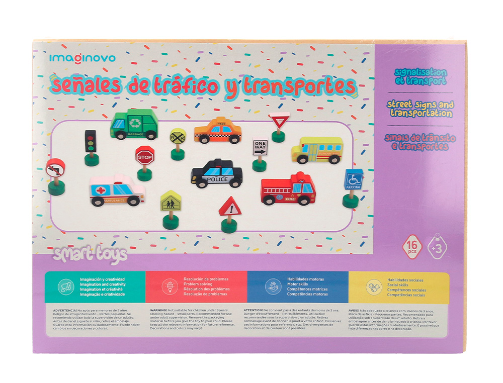 JUEGO INFANTIL IMAGINOVO MADERA VEHICULOS Y SEALES DE TRAFICO +3 AOS 16 PIEZAS 30X22X4CM