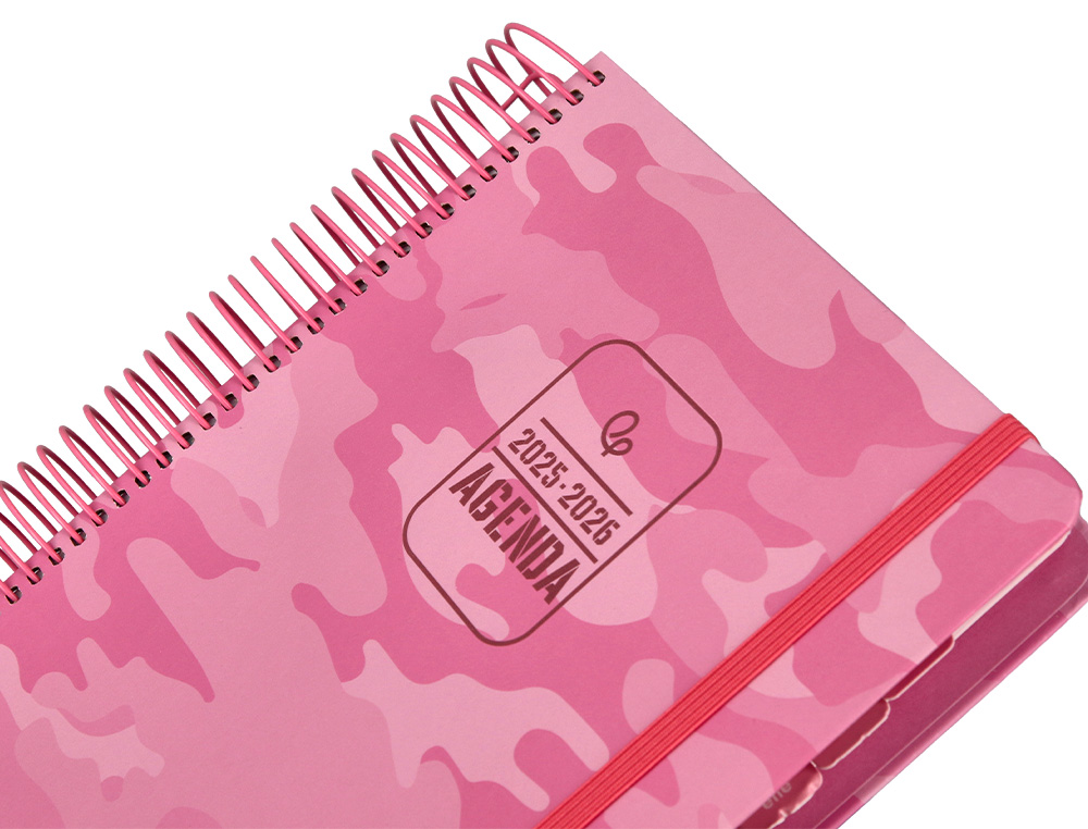 AGENDA ESCOLAR LIDERPAPEL 25-26 ESPIRAL PATTERNS MILITAR ROSA DIA PAGINA A5 BILINGE PAPEL FSC 80 GR