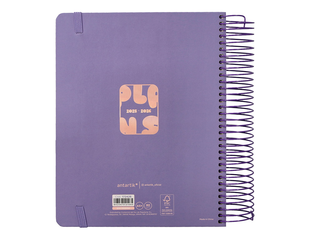 AGENDA ESCOLAR ANTARTIK 25-26 ESPIRAL PLANS MORADO DIA PAGINA A5 BILINGE PAPEL FSC 80 GR