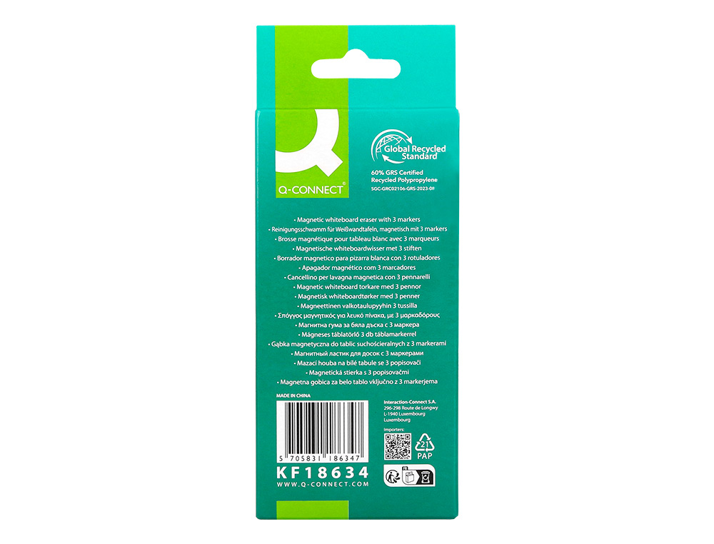 BORRADOR Q-CONNECT MAGNETICO PARA PIZARRA BLANCA CON 3 ROTULADORES AZUL NEGRO Y ROJO