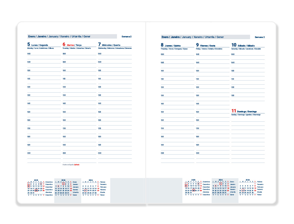 AGENDA ENCUADERNADA LIDERPAPEL CRETA 150X210 MM 2026 SEMANA VISTA ROJO PAPEL 70 GR FSC