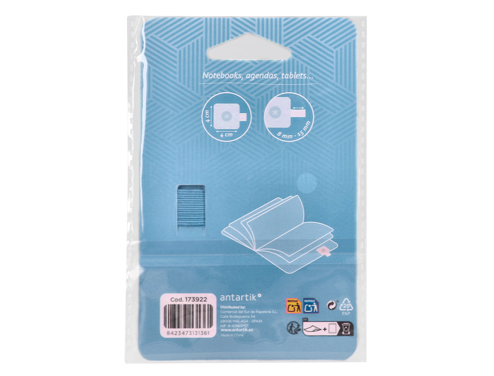 PORTABOLIGRAFO AUTOADHESIVO ANTARTIK PARA CUADERNO NOTE CON ELASTICO HASTA 15 MM GROSOR 80 MM AZUL CLARO 40X40