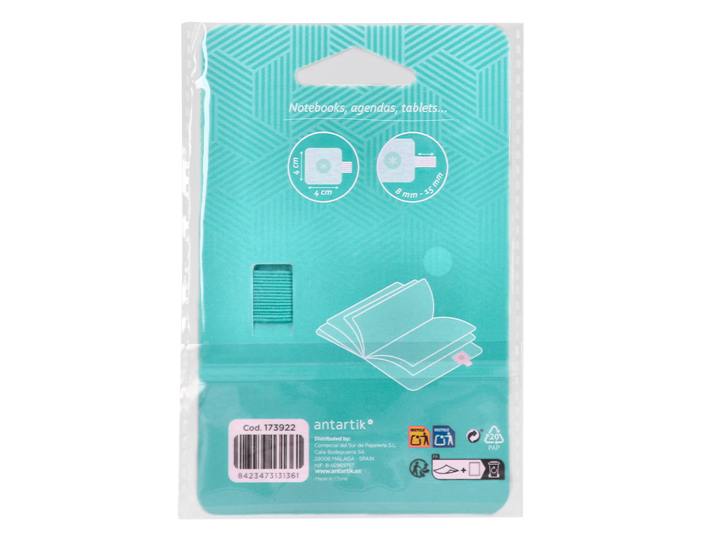 PORTABOLIGRAFO AUTOADHESIVO ANTARTIK PARA CUADERNO NOTE CON ELASTICO HASTA 15 MM GROSOR 80 MM TURQUESA 40X40